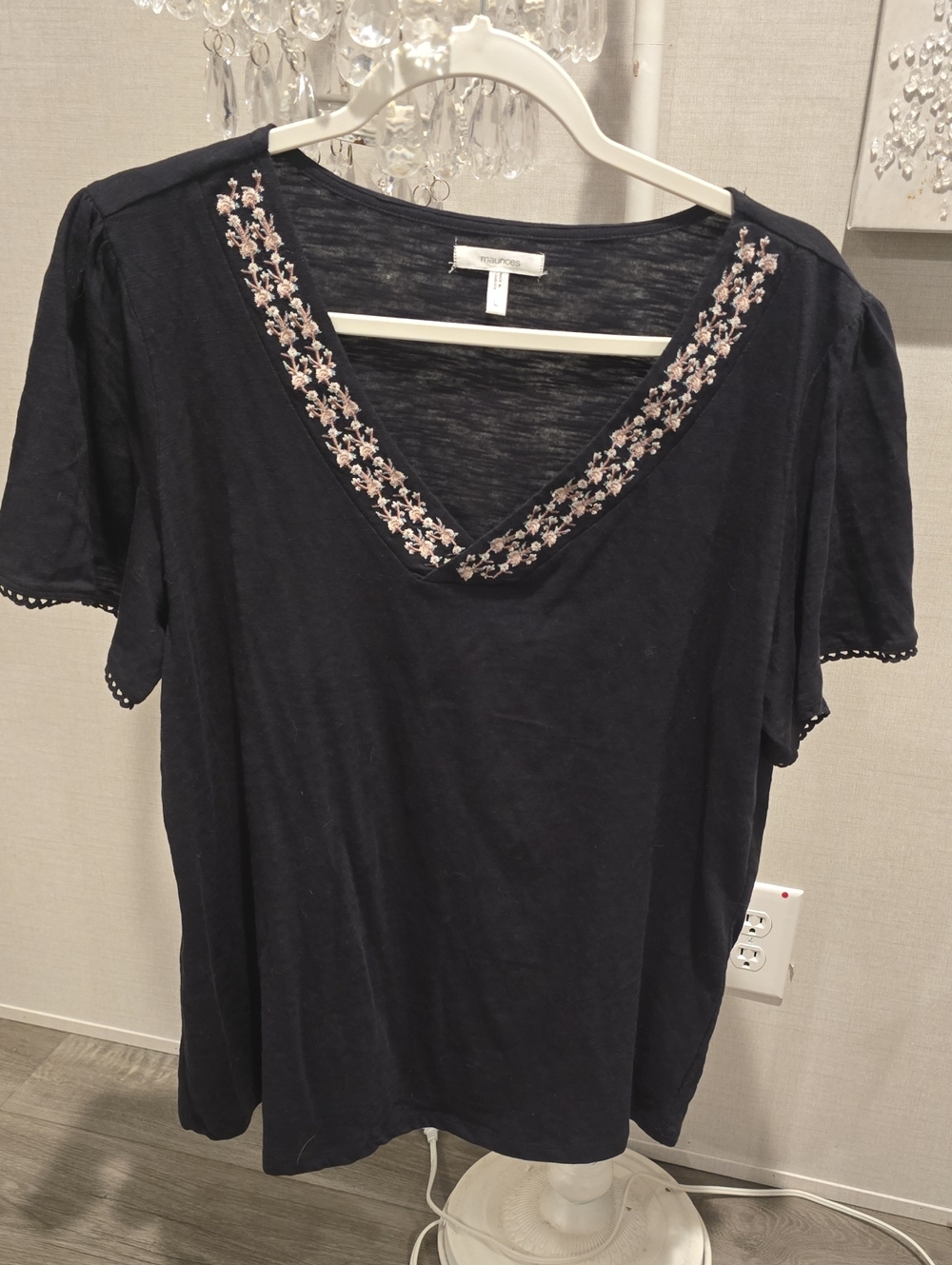 Maurices Black V-Neck Tee with Pink Floral Neck Embroidery